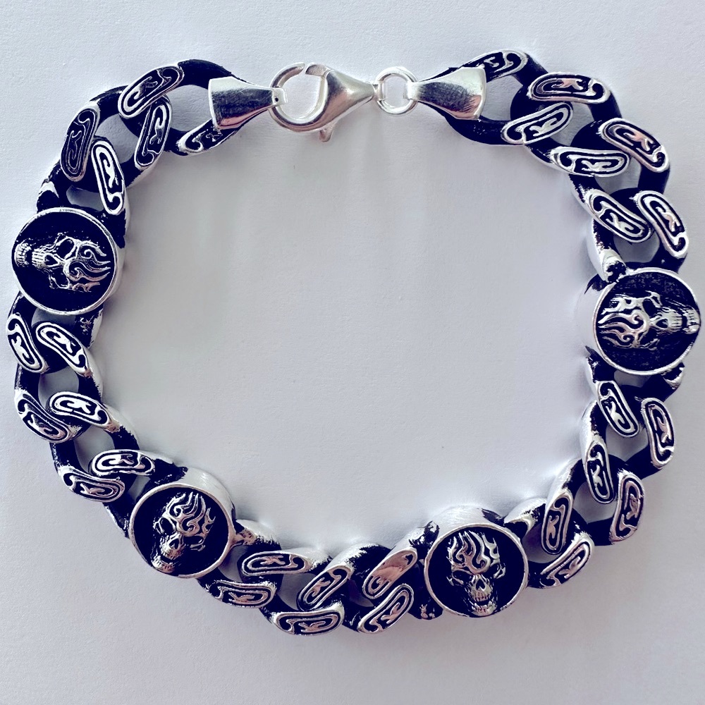 925 Silver skull 10mm bracelet link chain 8 inches - Picture 2 of 4